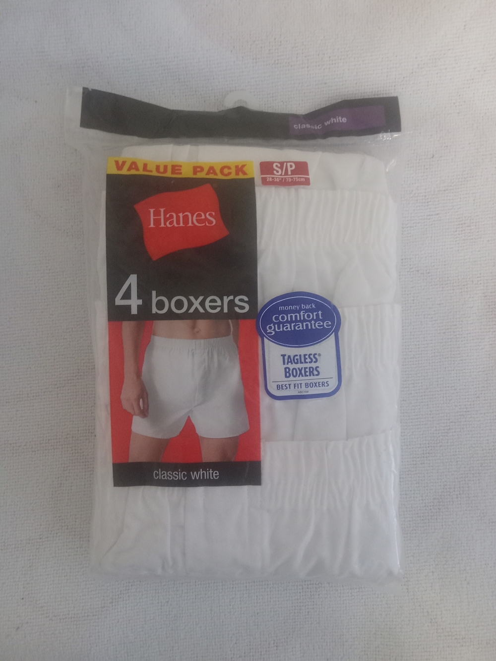 Hanes Men's Classic White 4-Pack Tagless Boxers Sz S